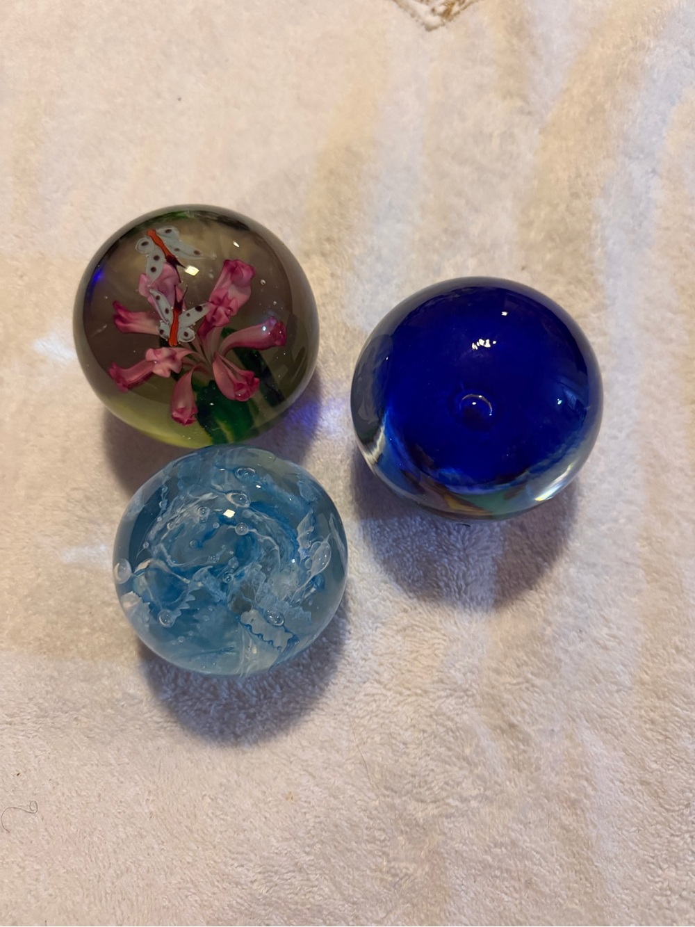 Set of 3 Decorative Glass Paperweights - Blue, Cobalt, Floral